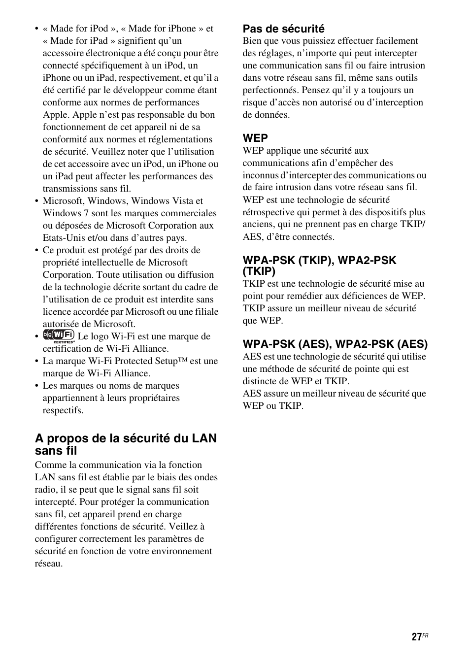 A propos de la sécurité du lan sans fil | Sony RDP-XA700iP User Manual | Page 61 / 100