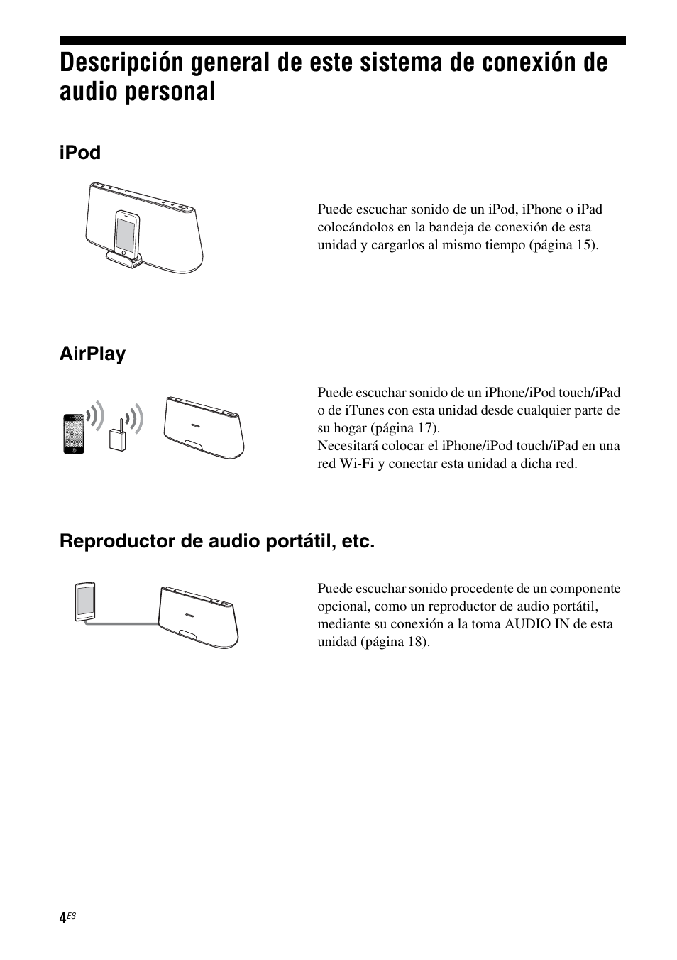 Descripción general de este sistema de, Conexión de audio personal, Ipod | Airplay, Reproductor de audio portátil, etc | Sony RDP-XA700iP User Manual | Page 68 / 100