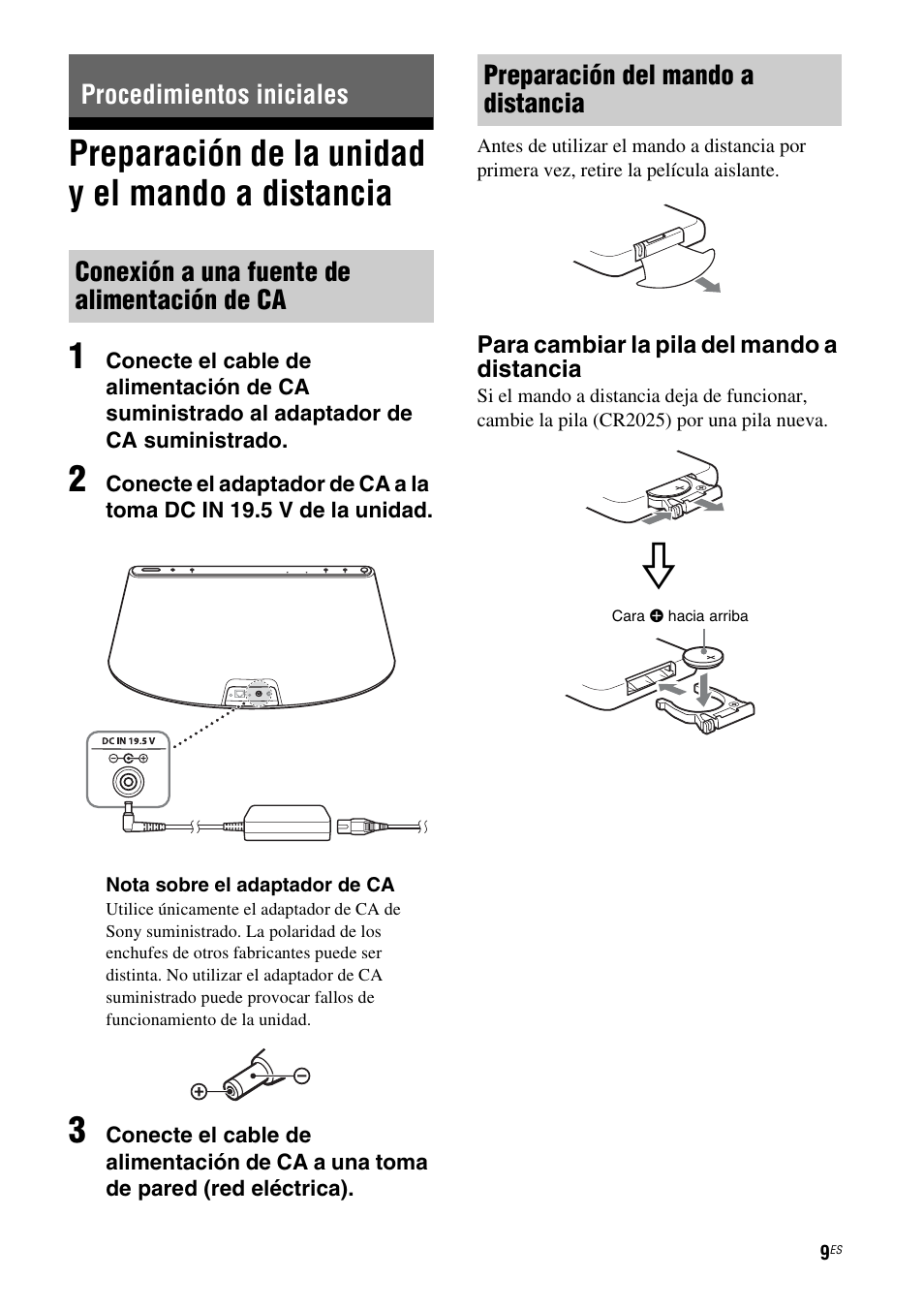 Procedimientos iniciales, Preparación de la unidad y el mando a distancia, Conexión a una fuente de alimentación de ca | Preparación del mando a distancia, Preparación de la unidad y el mando a, Preparación de la unidad y el mando a distancia 1 | Sony RDP-XA700iP User Manual | Page 73 / 100