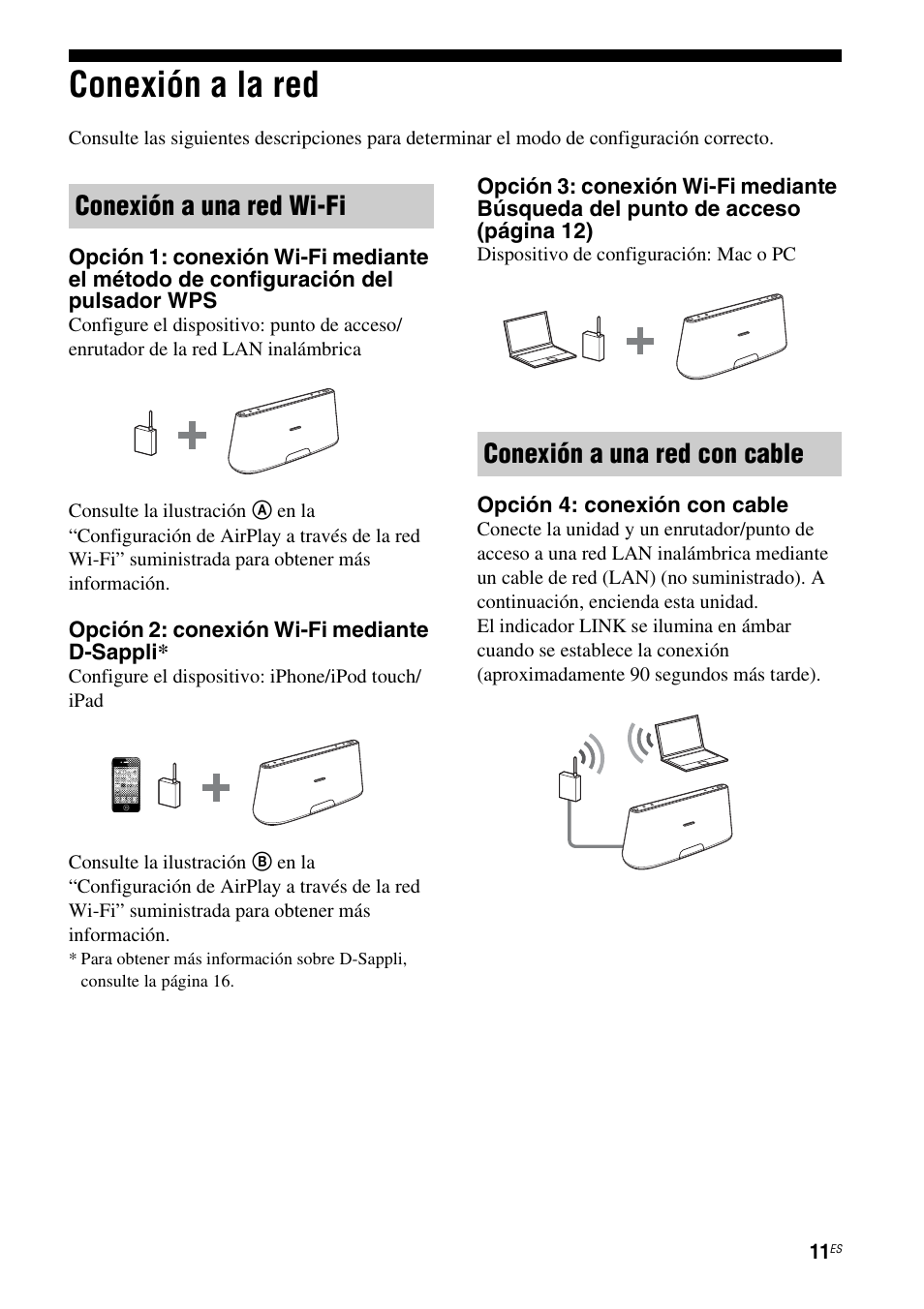 Conexión a la red, Conexión a una red wi-fi, Conexión a una red con cable | Sony RDP-XA700iP User Manual | Page 75 / 100