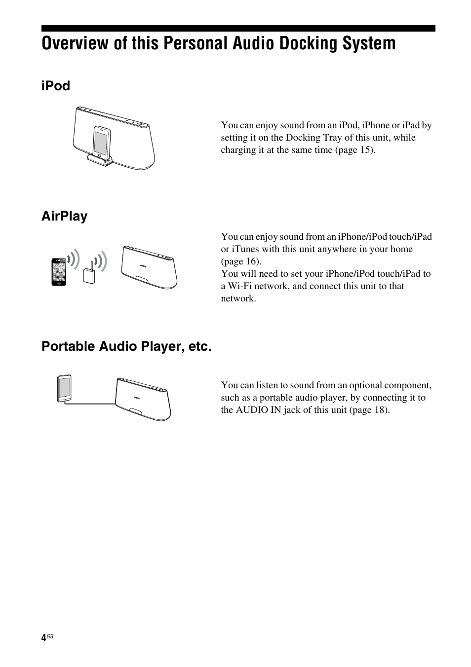 Overview of this personal audio docking system, Overview of this personal audio docking, System | Ipod, Airplay, Portable audio player, etc | Sony RDP-XA700iP User Manual | Page 8 / 100