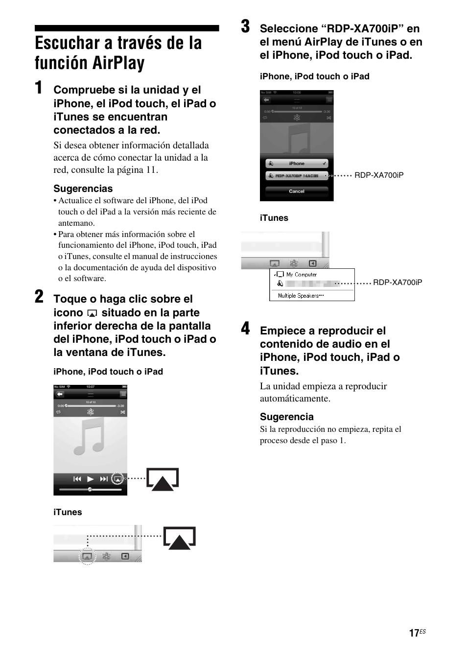 Escuchar a través de la función airplay, Escuchar a través de la función airplay 1 | Sony RDP-XA700iP User Manual | Page 81 / 100