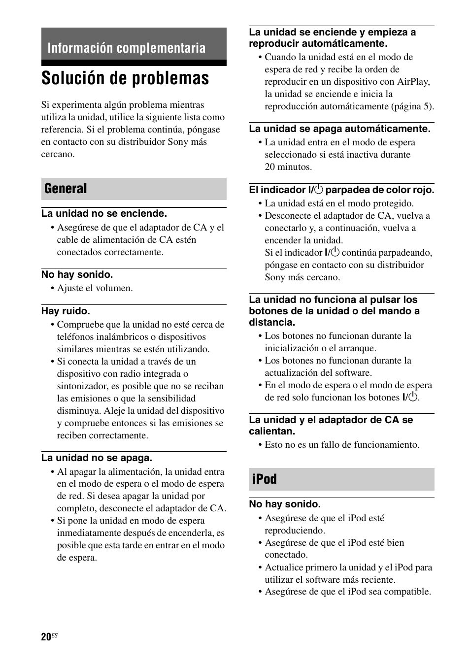 Información complementaria, Solución de problemas, Información complementaria general ipod | Sony RDP-XA700iP User Manual | Page 84 / 100