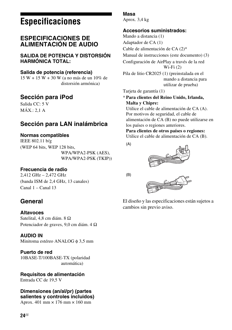 Especificaciones, Especificaciones de alimentación de audio, Sección para ipod | Sección para lan inalámbrica, General | Sony RDP-XA700iP User Manual | Page 88 / 100