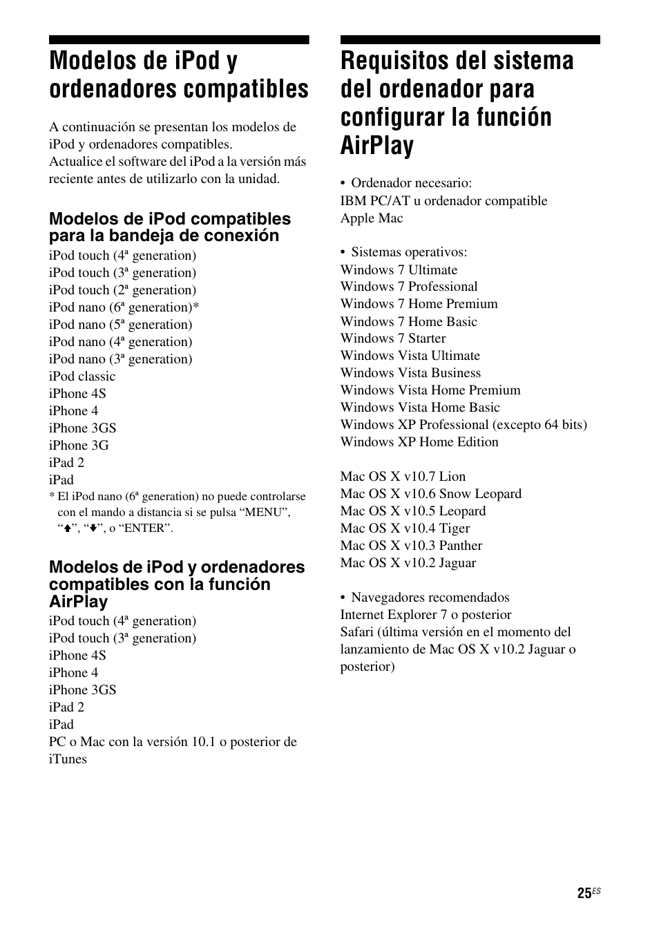 Modelos de ipod y ordenadores compatibles, Modelos de ipod y ordenadores, Compatibles | Requisitos del sistema del ordenador para, Configurar la función airplay | Sony RDP-XA700iP User Manual | Page 89 / 100