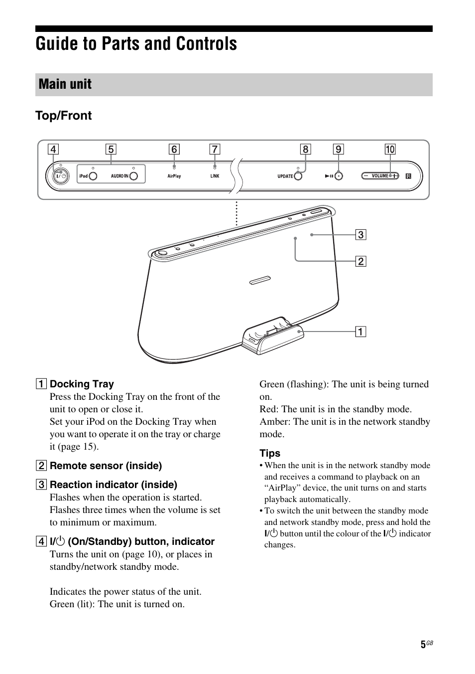 Guide to parts and controls, Main unit, Top/front | Sony RDP-XA700iP User Manual | Page 9 / 100