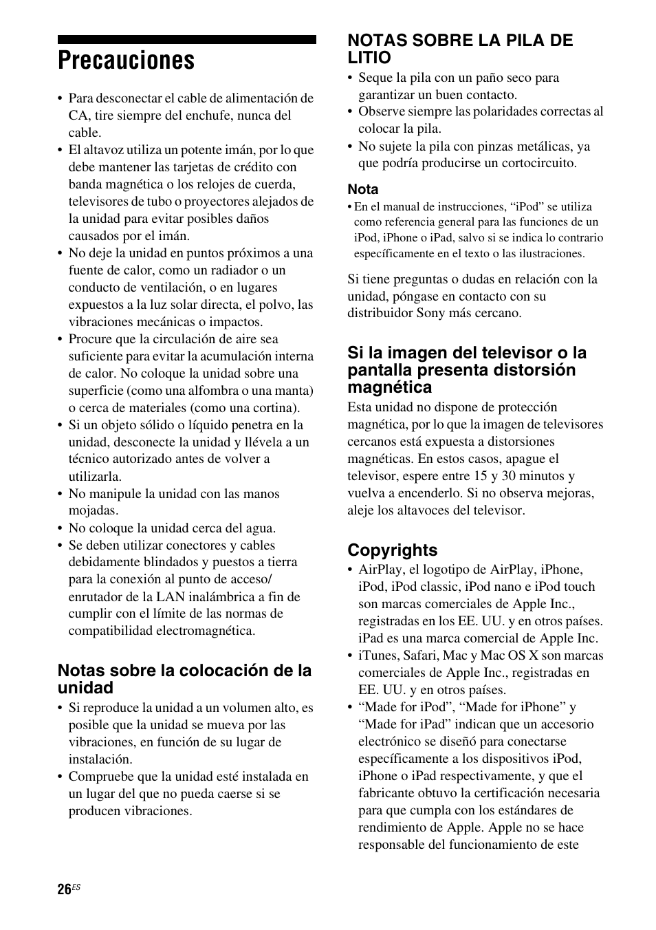 Precauciones, Notas sobre la colocación de la unidad, Notas sobre la pila de litio | Copyrights | Sony RDP-XA700iP User Manual | Page 90 / 100