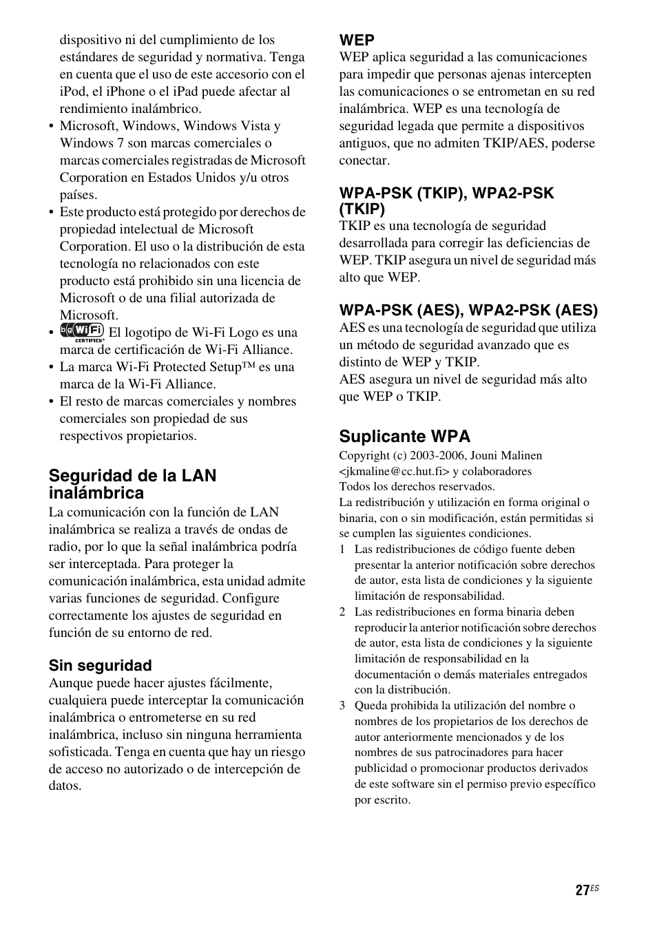 Seguridad de la lan inalámbrica, Suplicante wpa | Sony RDP-XA700iP User Manual | Page 91 / 100