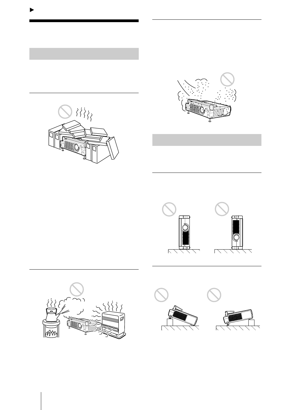 Other, Notes on installation, Unsuitable installation | Unsuitable conditions, Unsuitable installation unsuitable conditions | Sony VPL-CX3 User Manual | Page 36 / 132