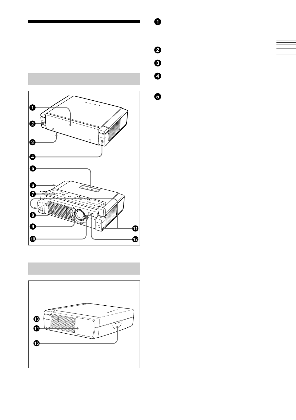 Emplacement et fonction des commandes, Avant/côté/bas, Arrière/côté gauche | Avant/côté/bas arrière/côté gauche | Sony VPL-CX3 User Manual | Page 49 / 132