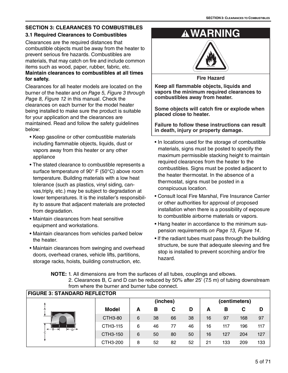 Section 3: clearances to combustibles, 1 required clearances to combustibles, Figure 3: standard reflector | Warning | RG CTH3-150 User Manual | Page 11 / 82