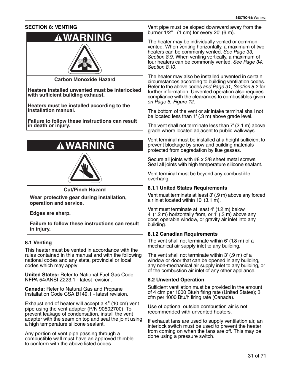 Section 8: venting, 1 venting 8.2 unvented operation, Warning | RG CTH3-150 User Manual | Page 37 / 82