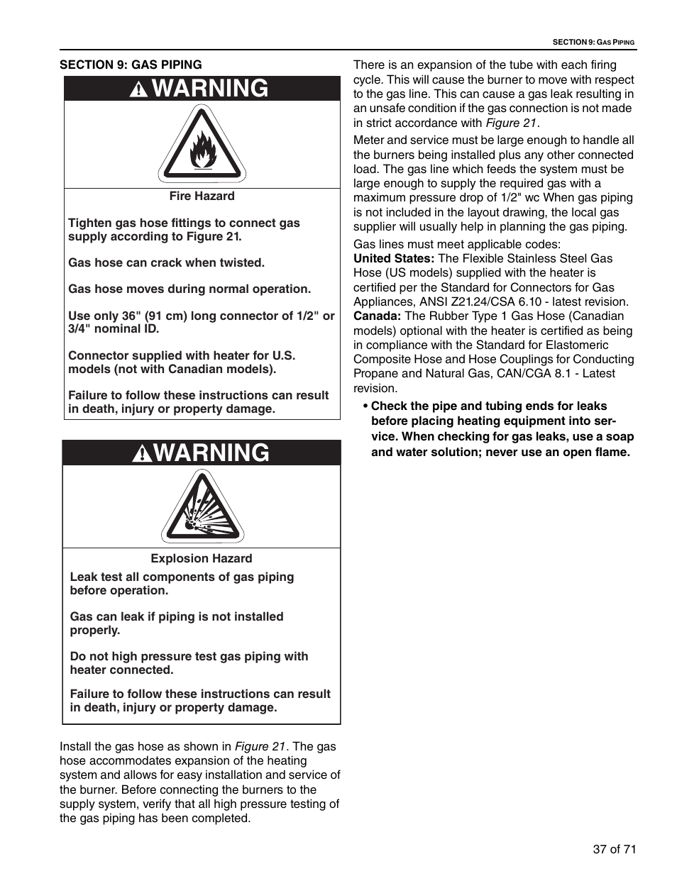 Section 9: gas piping, Warning | RG CTH3-150 User Manual | Page 43 / 82