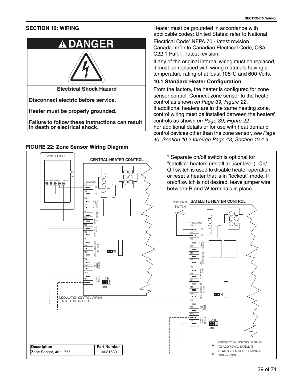 Section 10: wiring, 1 standard heater configuration, Figure 22: zone sensor wiring diagram | Danger | RG CTH3-150 User Manual | Page 45 / 82