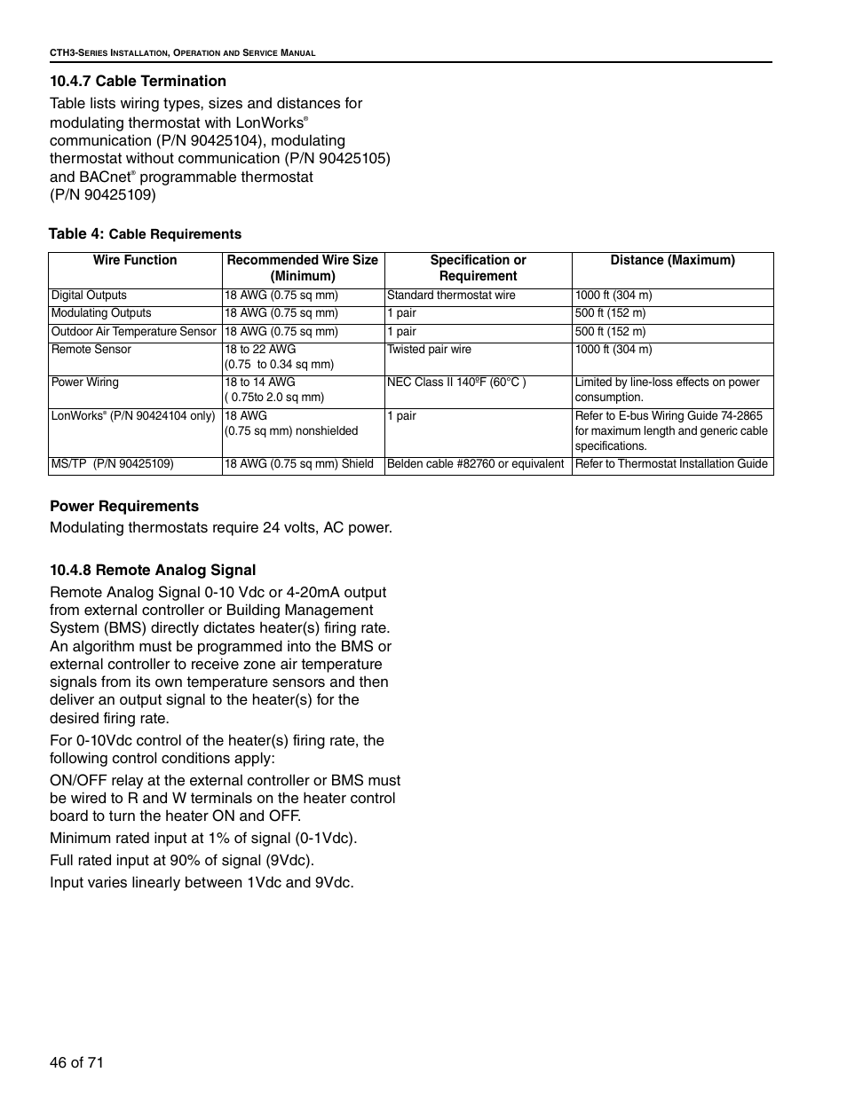 Table 4: cable requirements | RG CTH3-150 User Manual | Page 52 / 82
