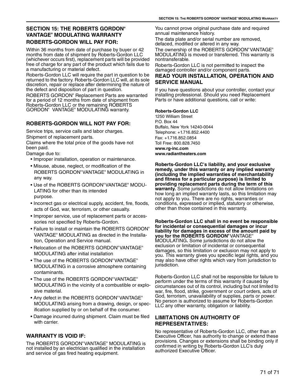 Section 15: the roberts gordon, Vantage, Modulating warranty roberts-gordon will pay for | Roberts-gordon will not pay for, Warranty is void if, Limitations on authority of representatives | RG CTH3-150 User Manual | Page 77 / 82