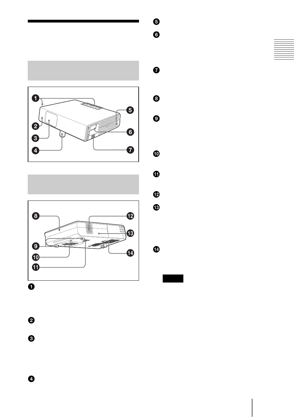 Ubicación y función de los controles, Parte superior/frontal/izquierda, Parte posterior/derecha/inferior | Parte superior/frontal, Izquierda, Parte posterior/derecha, Inferior | Sony VPL-CX70 User Manual | Page 127 / 176