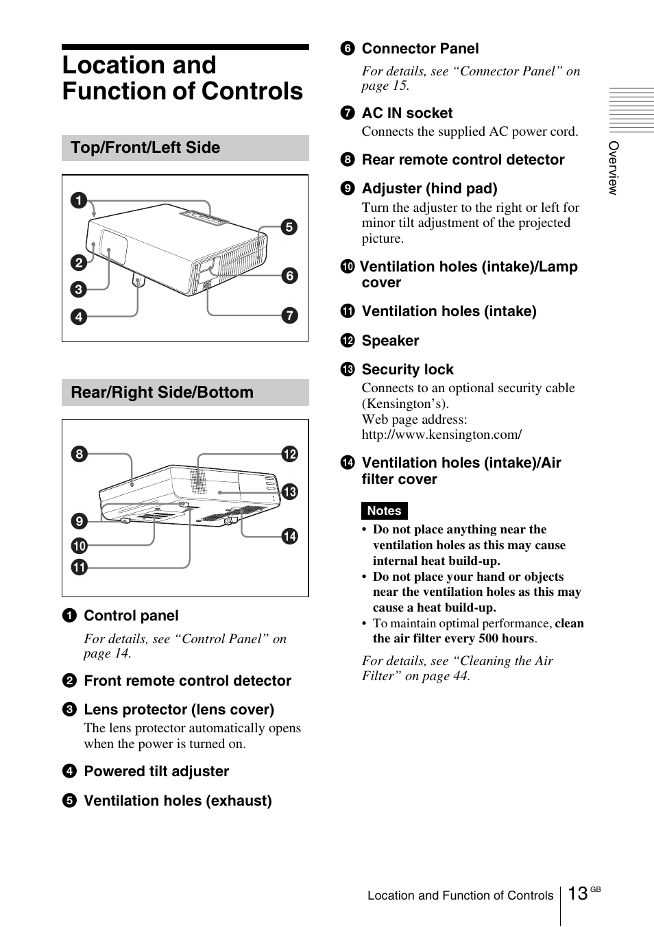 Location and function of controls, Top/front/left side, Rear/right side/bottom | Location and function of controls . 13 | Sony VPL-CX70 User Manual | Page 13 / 176