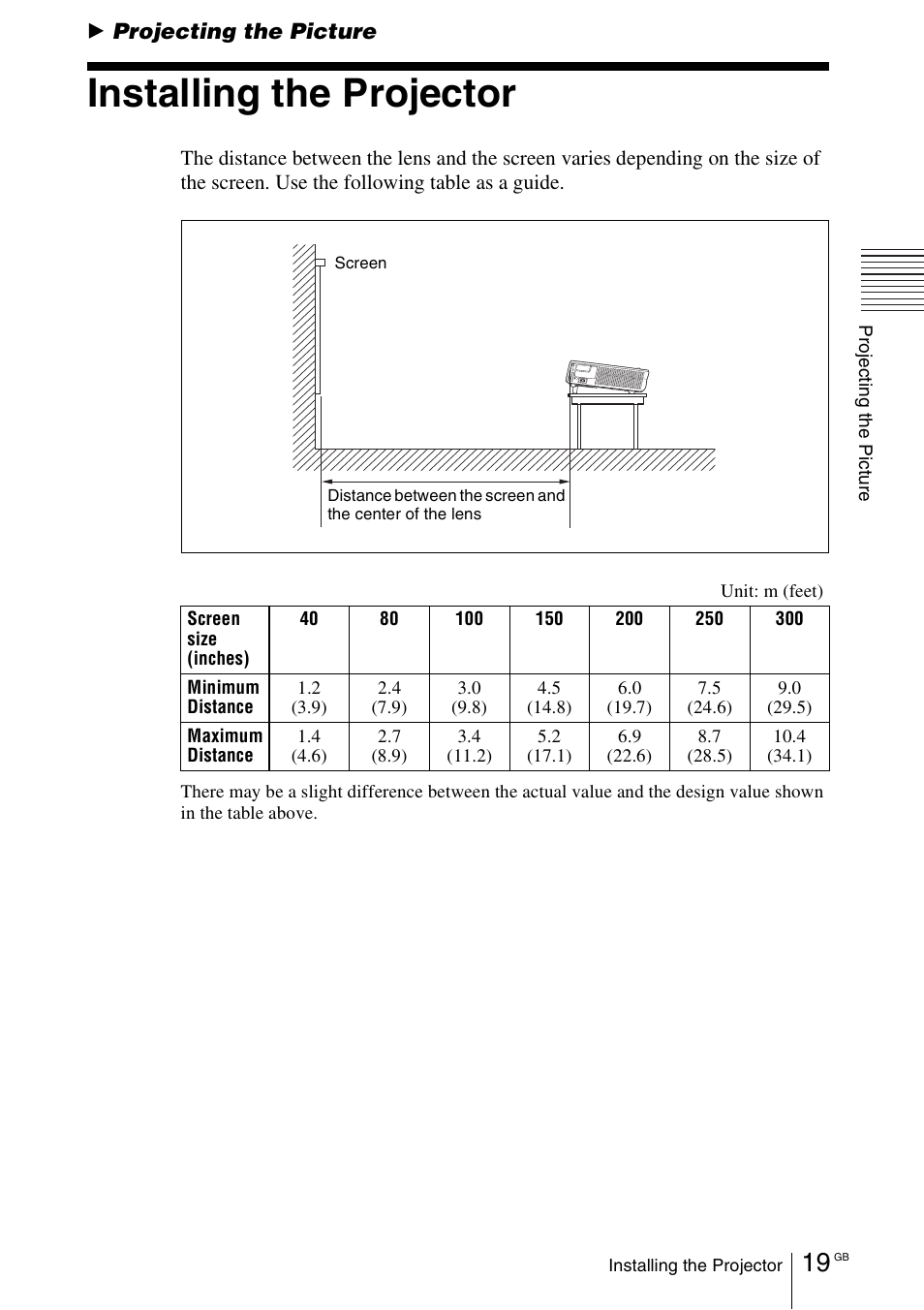 Projecting the picture, Installing the projector | Sony VPL-CX70 User Manual | Page 19 / 176