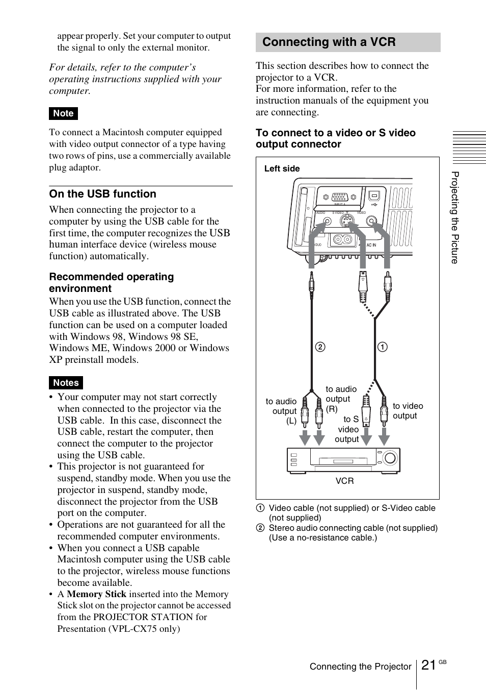 Connecting with a vcr, On the usb function, Usb hu | Sony VPL-CX70 User Manual | Page 21 / 176