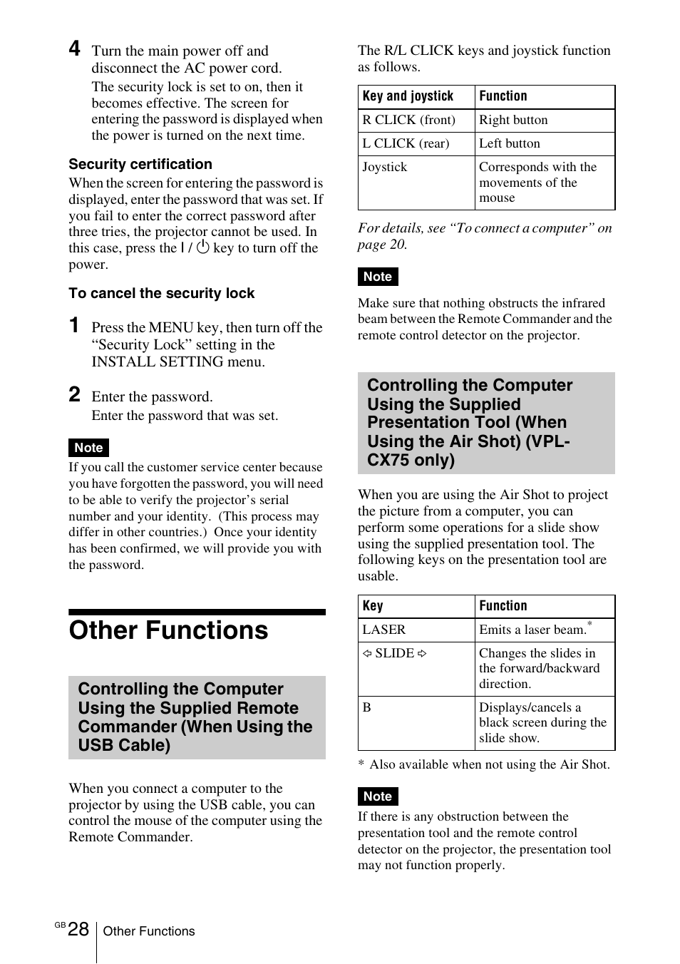 Other functions, Controlling the computer using the | Sony VPL-CX70 User Manual | Page 28 / 176