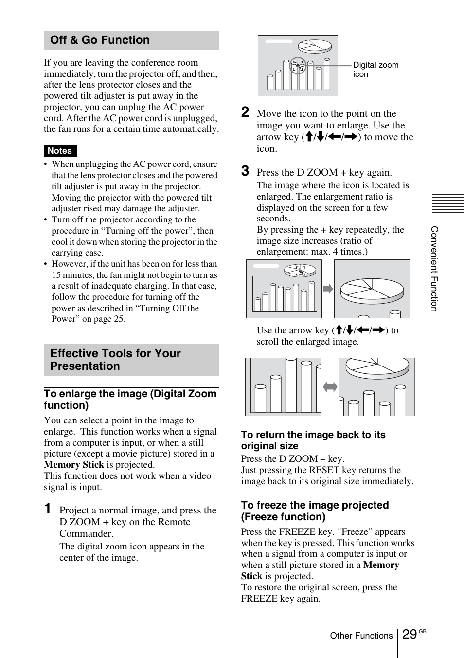 Off & go function, Effective tools for your presentation, Effective tools for your | Presentation | Sony VPL-CX70 User Manual | Page 29 / 176