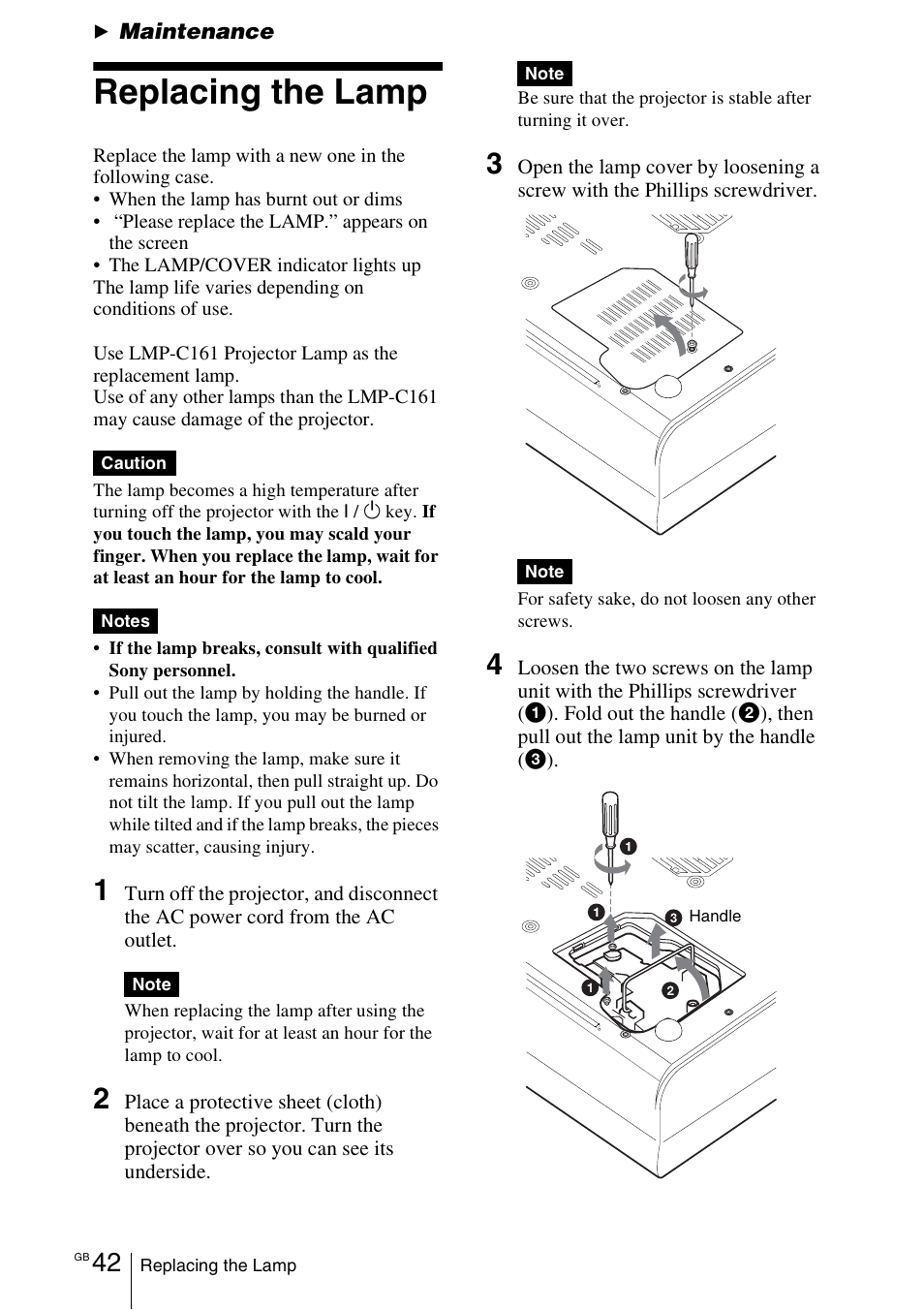 Maintenance, Replacing the lamp | Sony VPL-CX70 User Manual | Page 42 / 176