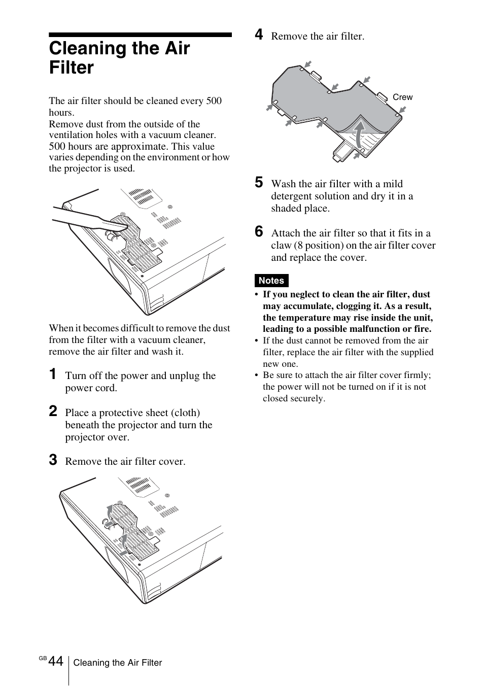 Cleaning the air filter | Sony VPL-CX70 User Manual | Page 44 / 176