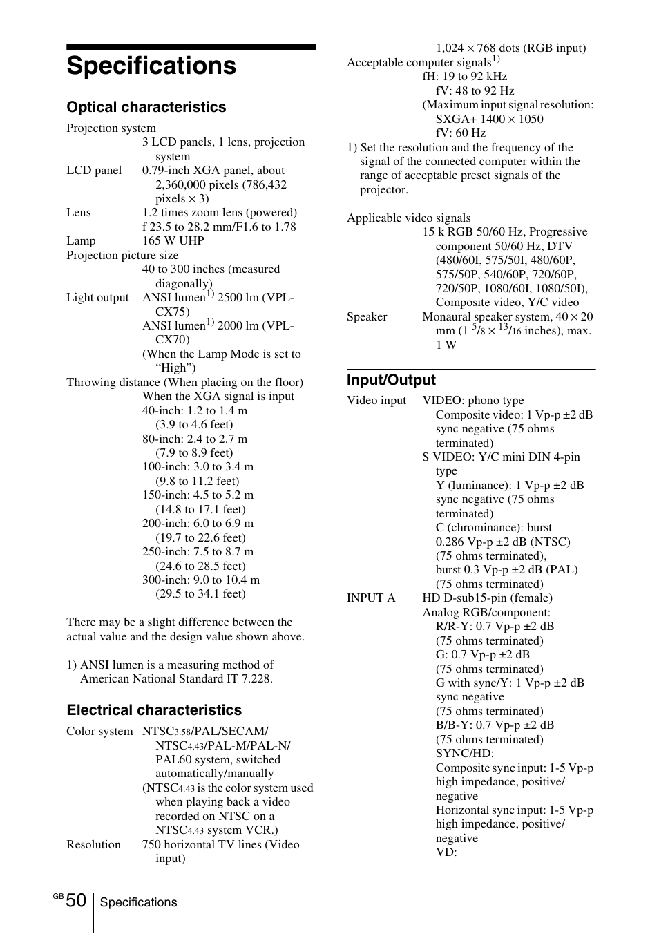 Specifications, Optical characteristics, Electrical characteristics | Input/output | Sony VPL-CX70 User Manual | Page 50 / 176