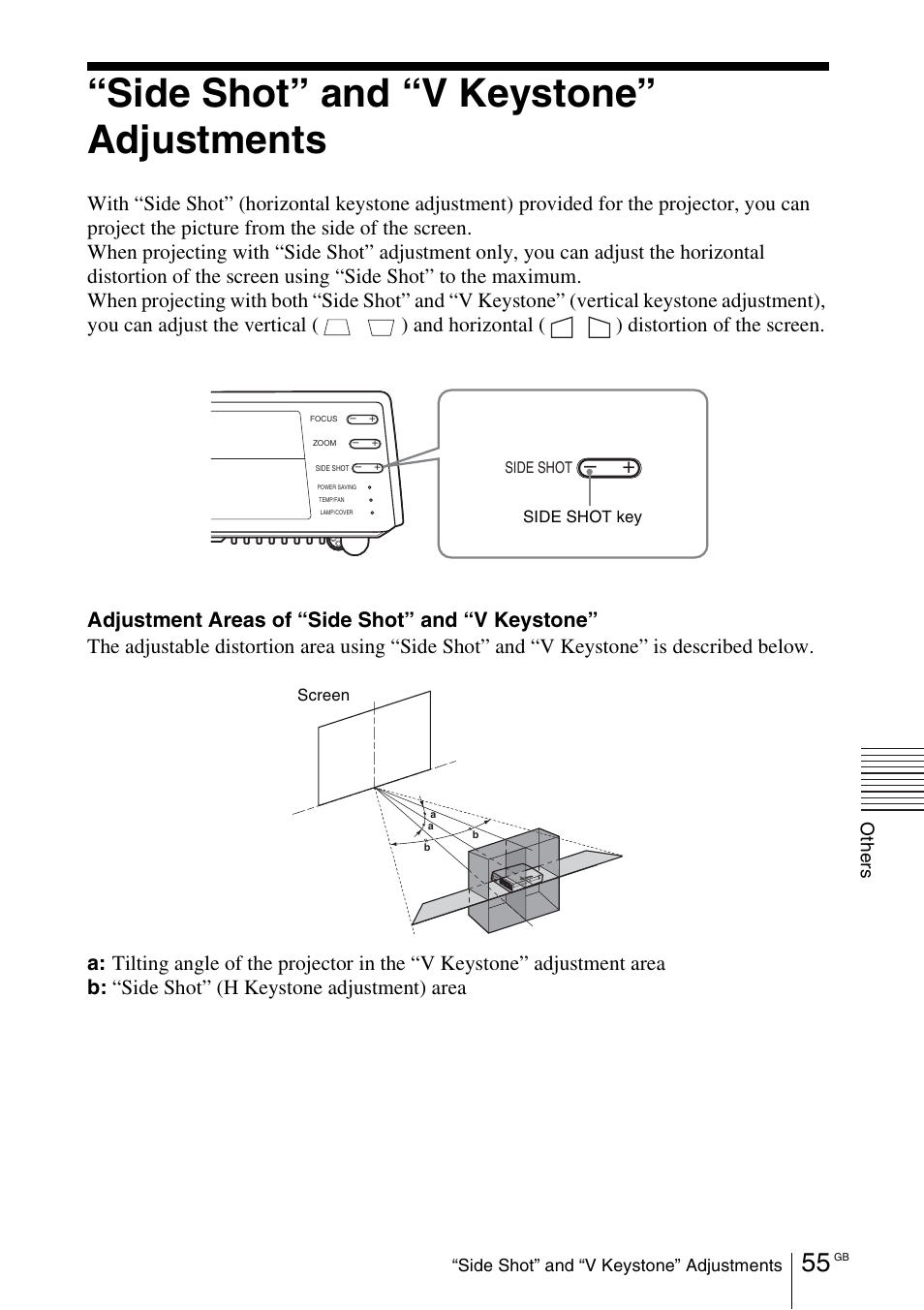 Side shot” and “v keystone” adjustments, Oth e rs | Sony VPL-CX70 User Manual | Page 55 / 176