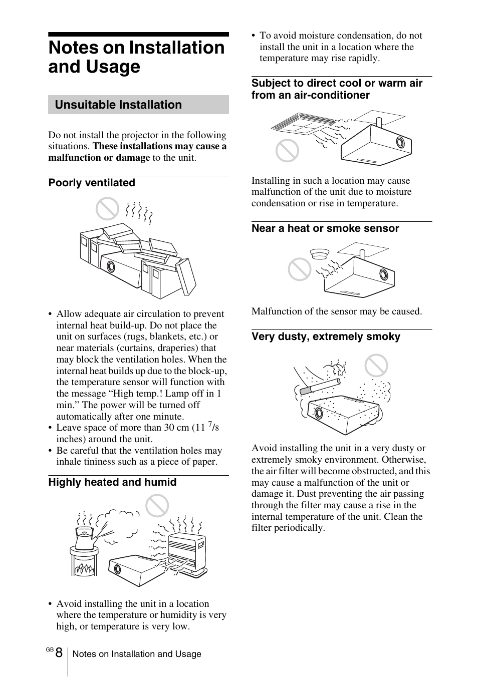 Notes on installation and usage | Sony VPL-CX70 User Manual | Page 8 / 176