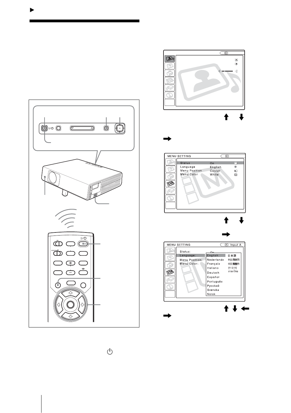 Fonction pratique, Sélection de la langue de menu, Appuyez sur la touche i | Pour mettre le projecteur sous tension, Appuyez sur la touche menu | Sony VPL-CX70 User Manual | Page 82 / 176