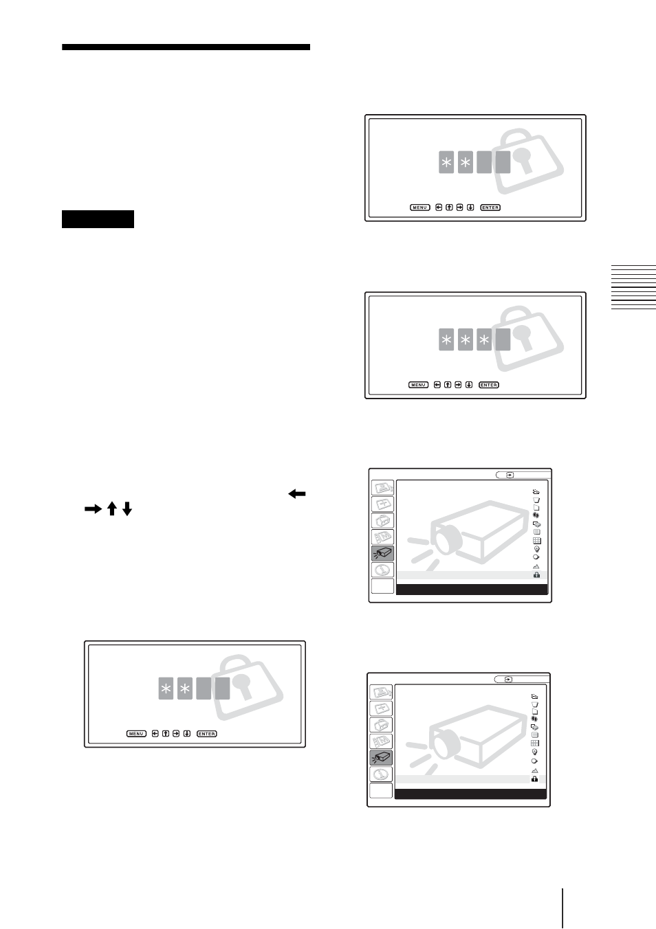 Verrou. antivol, Dans le menu réglage d’installation, Saisissez le mot de passe | Pour utiliser le verrouillage antivol, Fo n c tio n pr at iq ue | Sony VPL-CX70 User Manual | Page 83 / 176