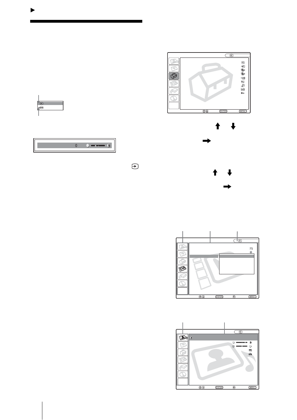 Réglages et paramétrages à l’aide du menu, Utilisation du menu, Appuyez sur la touche menu | Sélectionnez une option de menu, Le menu sélectionné apparaît | Sony VPL-CX70 User Manual | Page 86 / 176