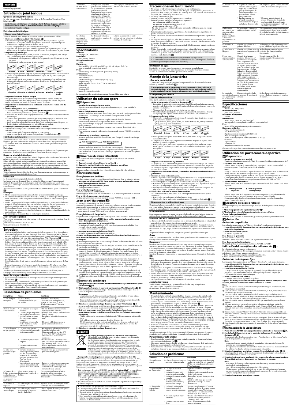 Entretien du joint torique, Entretien, Résolution de problèmes | Spécifications, Utilisation du caisson sport, Precauciones en la utilización, Manejo de la junta tórica, Mantenimiento, Solución de problemas, Especificaciones | Sony SPK-CXA User Manual | Page 2 / 2