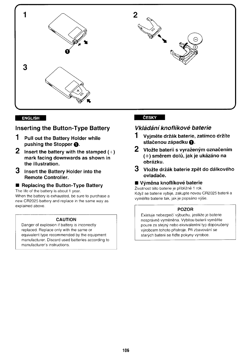 Inserting the button-type battery, Caution | Panasonic NV-RX70EE User Manual | Page 101 / 132