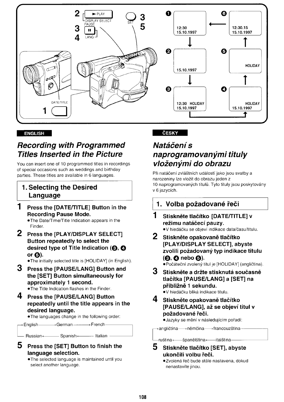 Selecting the desired language, Nataceni s, Naprogramovanymi tituly viozenymi do obrazu | Panasonic NV-RX70EE User Manual | Page 103 / 132