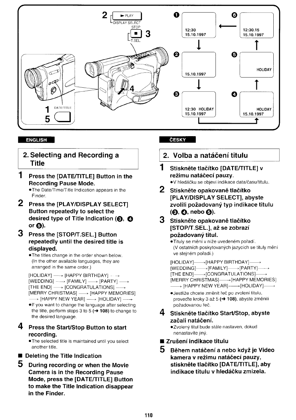 Volba a nataceni titulu | Panasonic NV-RX70EE User Manual | Page 105 / 132