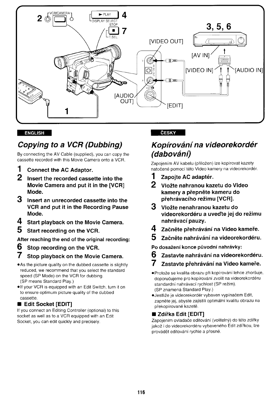 After reaching the end of the original recording, Po dosazeni konce puvodni nahravky, Copying to a vcr (dubbing) | Kopirovanina videorekorder (dabovani) | Panasonic NV-RX70EE User Manual | Page 111 / 132