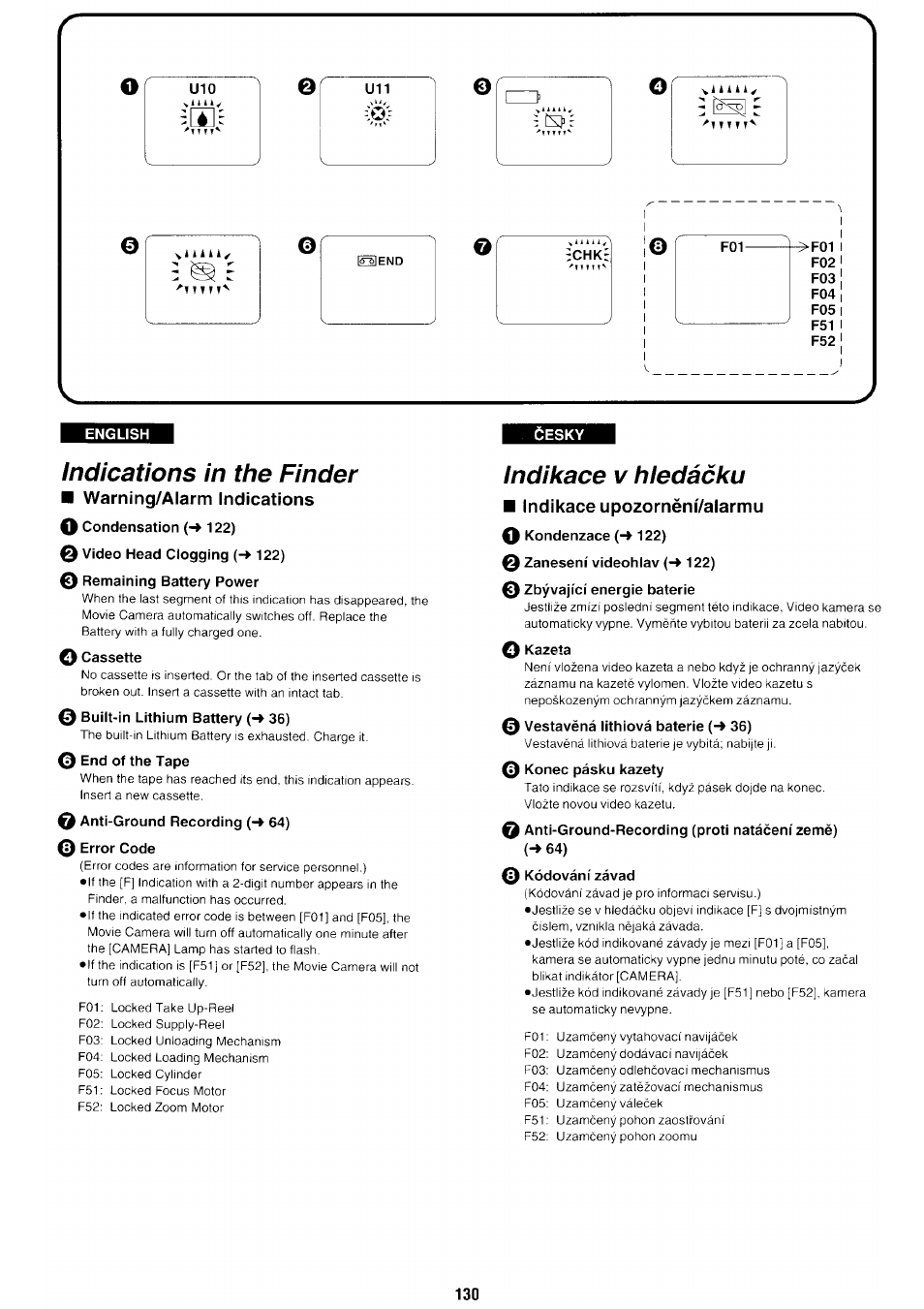 English, Indications in the finder, Warning/alarm indications | O condensation (-> 122), Q video head clogging (-► 122), 0 remaining battery power, O cassette, 0 built-in lithium battery (-► 36), 0 end of the tape, 0 anti-ground recording (-► 64) | Panasonic NV-RX70EE User Manual | Page 120 / 132