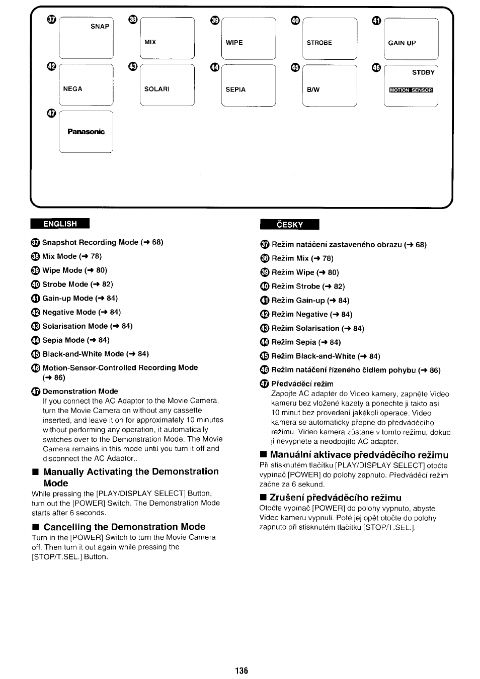 Manually activating the demonstration mode, Cancelling the demonstration mode, Manuáiní aktivace predvádécího rezimu | Zruseni pfedvádécího rezimu | Panasonic NV-RX70EE User Manual | Page 126 / 132