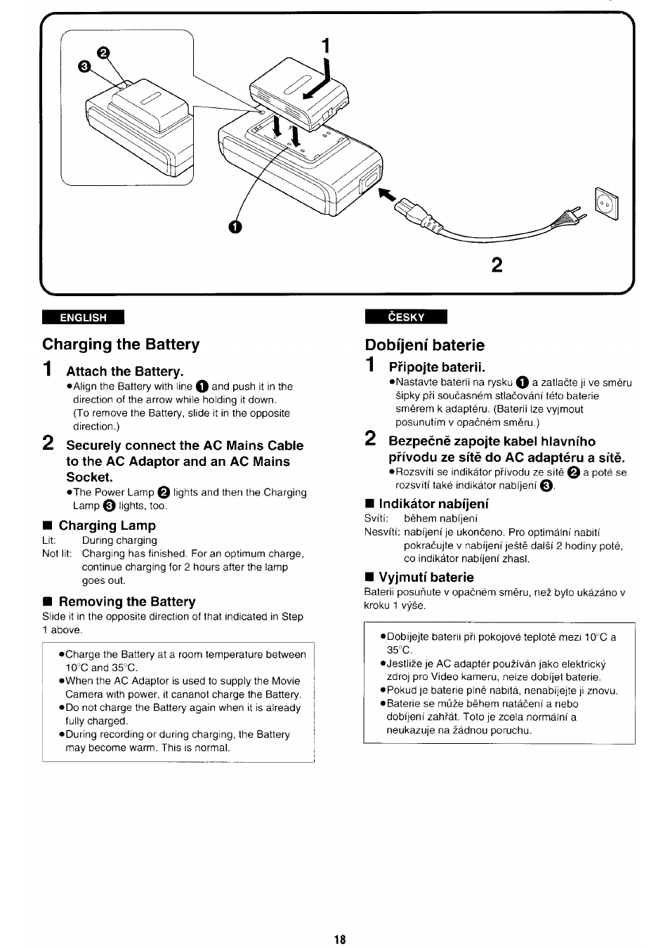 Charging the battery, 1 attach the battery, Charging lamp | Removing the battery, Dobíjení baterie, 1 pripojte baterii, Indikátor nabijeni, Vyjmutí baterie | Panasonic NV-RX70EE User Manual | Page 15 / 132