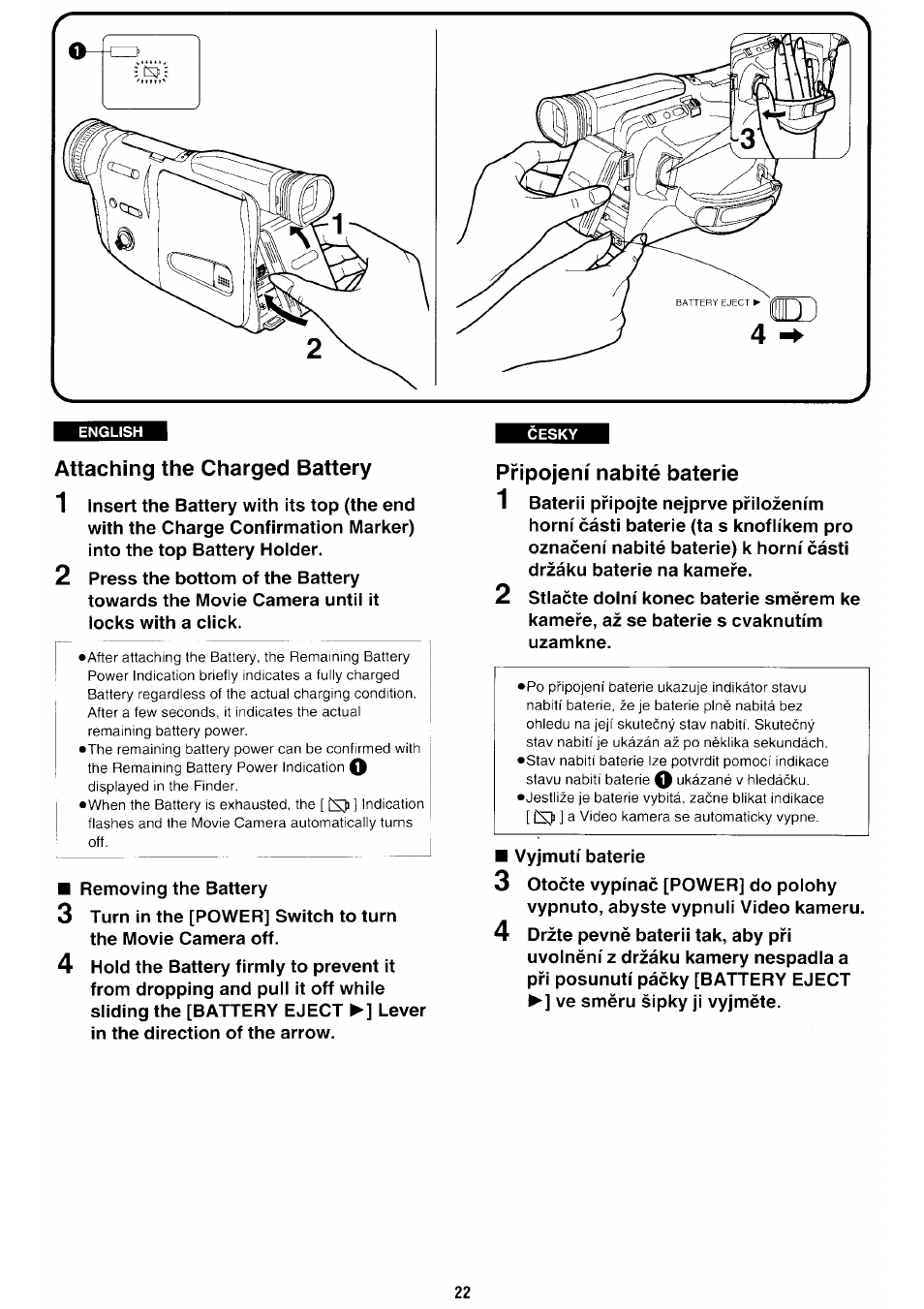 Attaching the charged battery, Pripojeni nabité daterie | Panasonic NV-RX70EE User Manual | Page 19 / 132