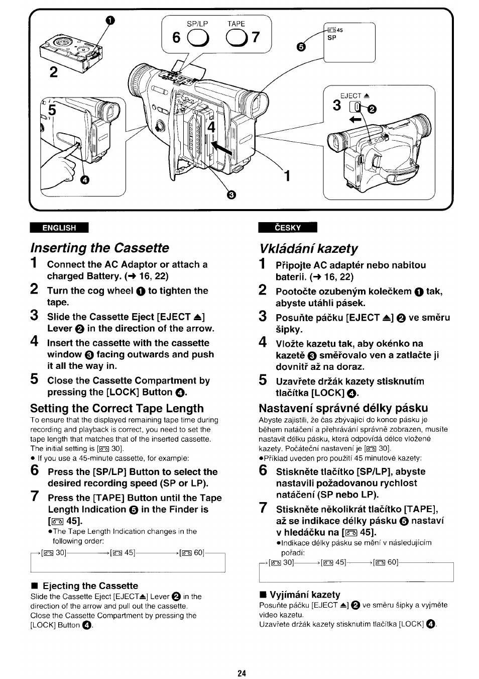 Inserting the cassette, Setting the correct tape length, Vkladani kazety | Nastaveni spravne delky pasku | Panasonic NV-RX70EE User Manual | Page 21 / 132