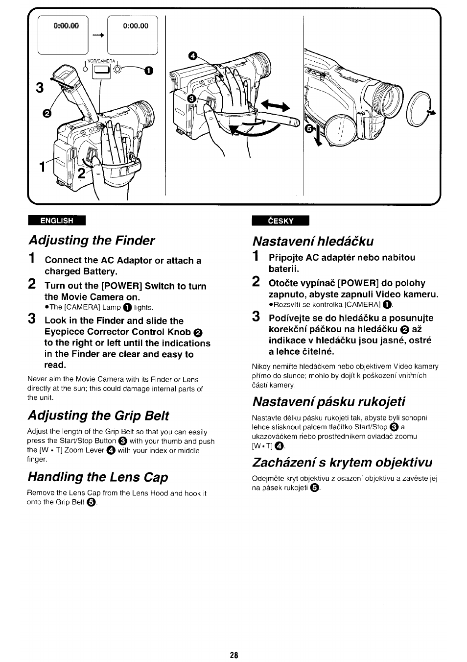 Adjusting the finder, Adjusting the grip beit, Handiing the lens cap | Nastaveni hiedacku, Nastavenipasku rukojeti, Zachazeni s krytem objektivu | Panasonic NV-RX70EE User Manual | Page 25 / 132