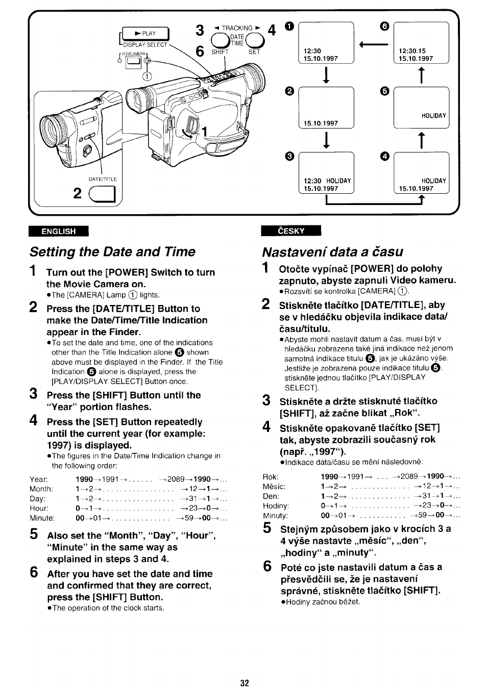 Setting the date and time, Nastaveni data a casu | Panasonic NV-RX70EE User Manual | Page 29 / 132