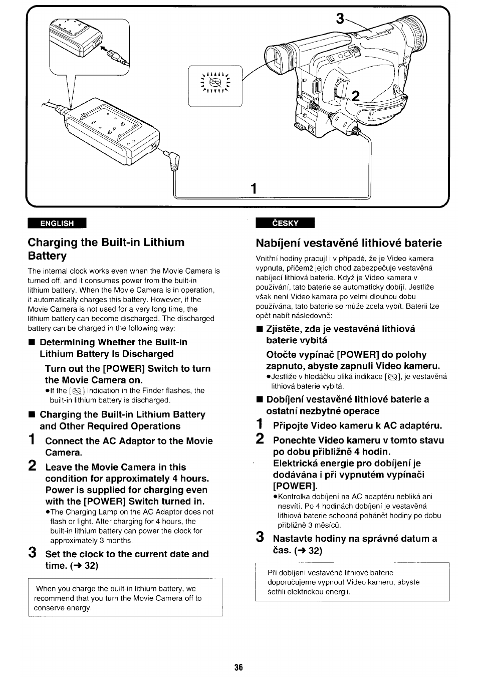 Charging the built-in lithium battery, Nabijeni vestavèné lithiové baterie | Panasonic NV-RX70EE User Manual | Page 33 / 132