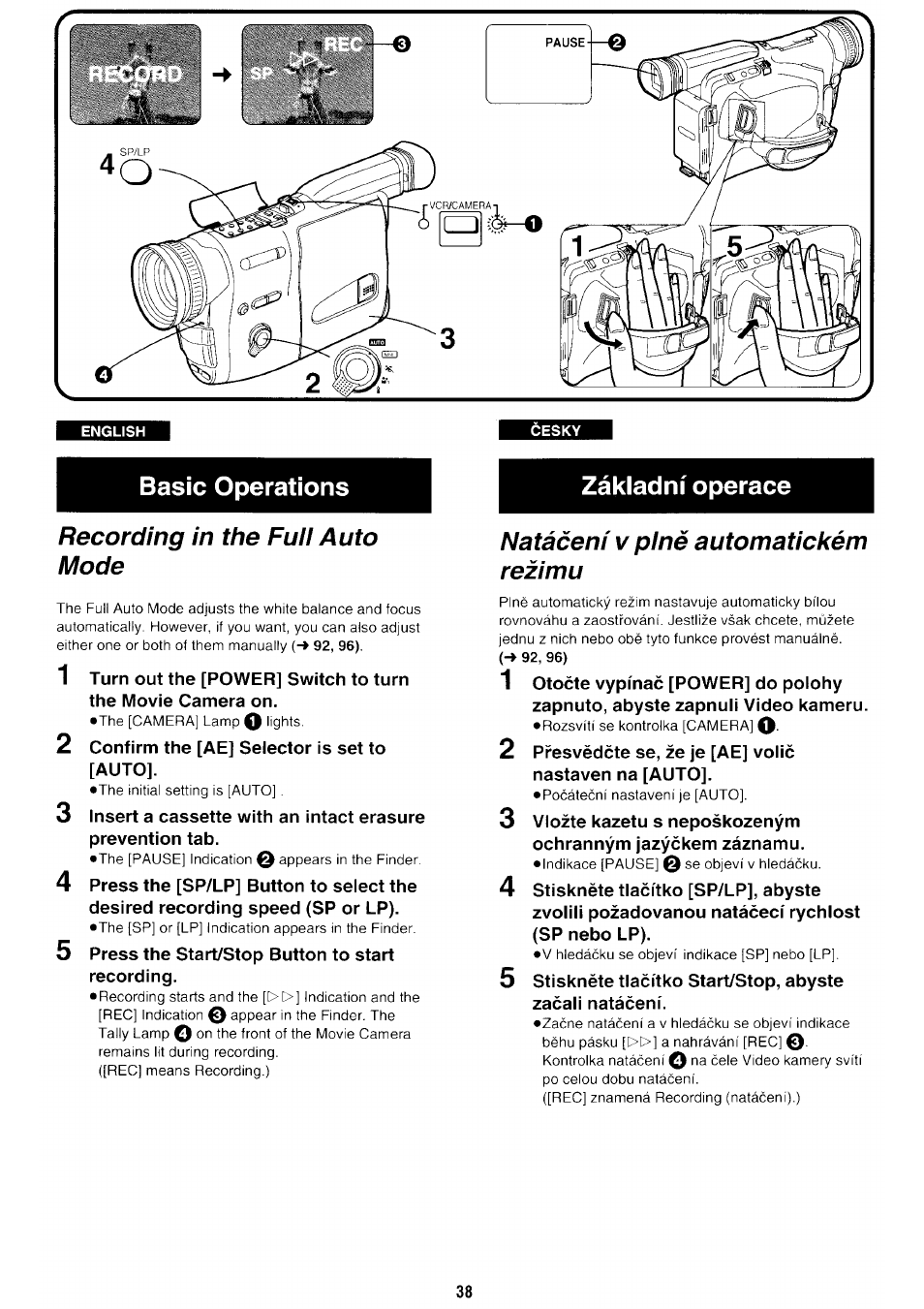 Recording in the fuii auto mode, Nataceni v pine automatickem rezimu, Basic operations zakiadnioperace | Panasonic NV-RX70EE User Manual | Page 35 / 132