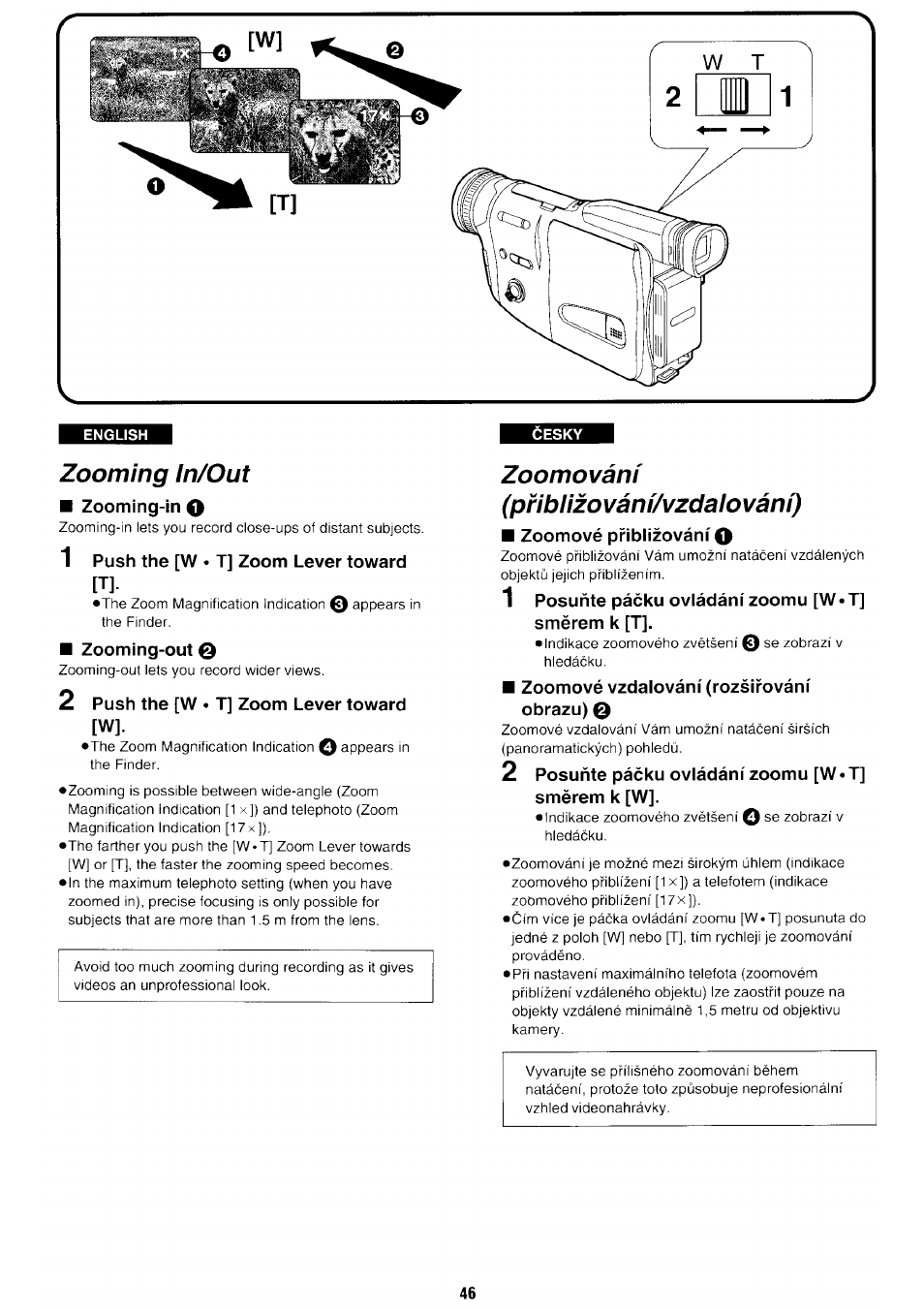 Zooming in/out, Zoomovanf, Priblizovani/vzdalovani) | Zoomovanf (priblizovani/vzdalovani) | Panasonic NV-RX70EE User Manual | Page 43 / 132