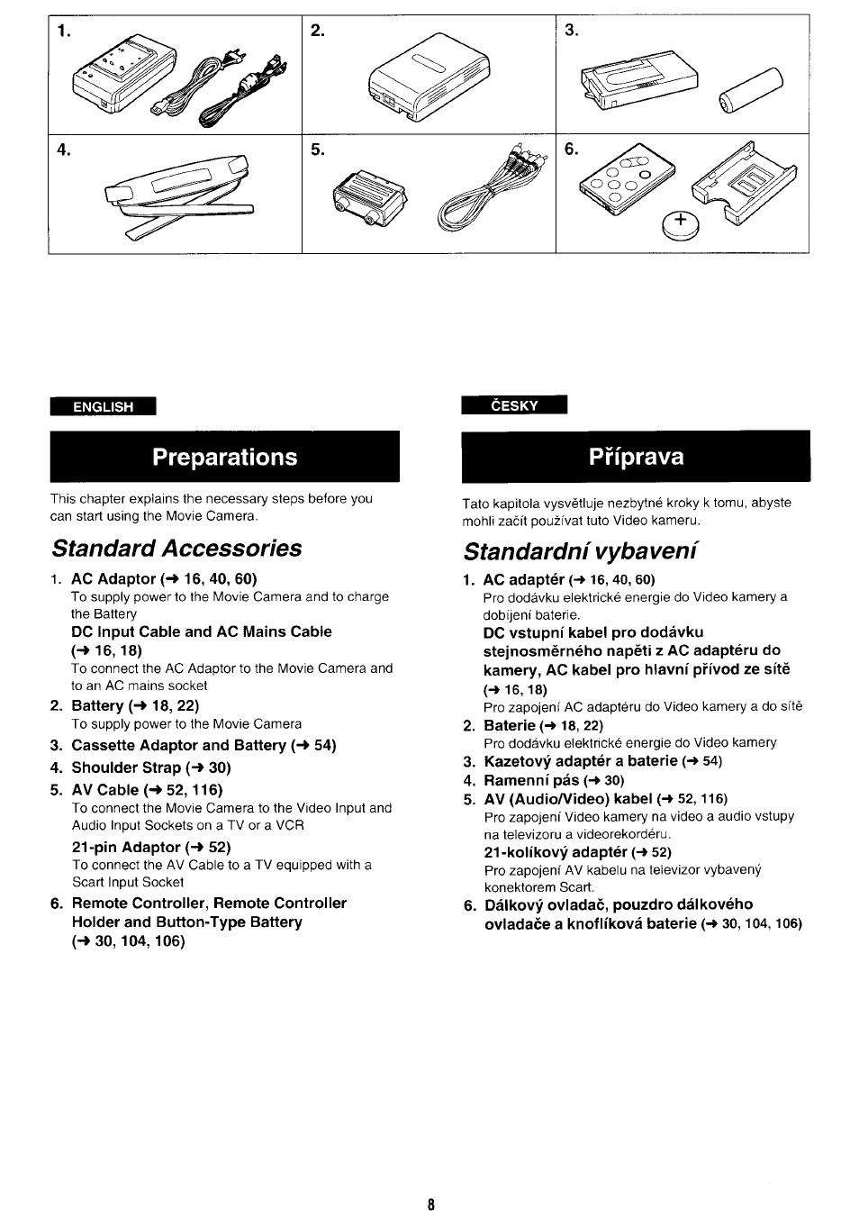 Standard accessories, Standardnivybaveni, Preparations priprava | Panasonic NV-RX70EE User Manual | Page 5 / 132